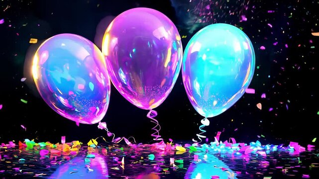 Colorful balloons hover above a shiny surface while confetti is scattered below on black backdrop, creating a festive atmosphere during a celebration