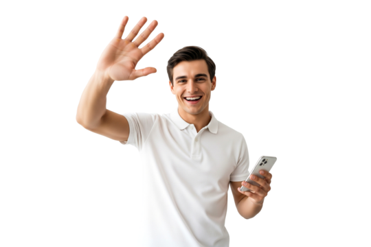Happy young man holding the phone and raising one hand up on white

