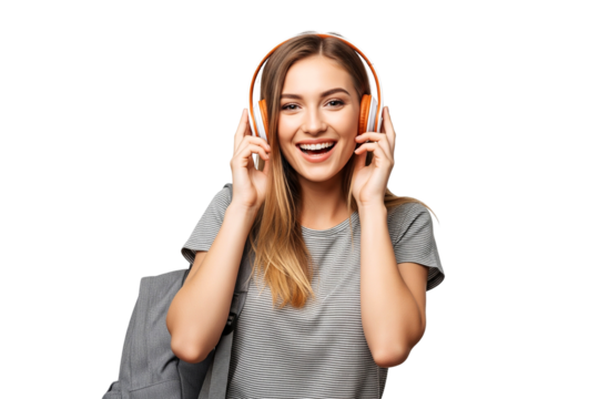 Smilling young woman with smartmobile and headphone on transparent