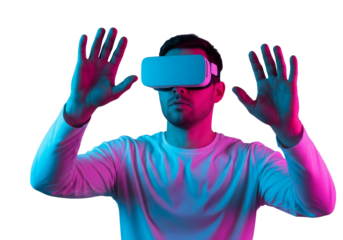 man playing video game with virtual reality headset, trying to touch something with hands in metaverse
