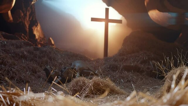 The baby Jesus lies in a manger on hay, with a cross in the background. Christian concept: from the Nativity to the Crucifixion.
