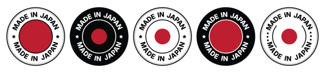 Set of Made in Japan Label Icons with Flag Colors, Round Badge Vector Design on White Background, EPS10 for Product Use.