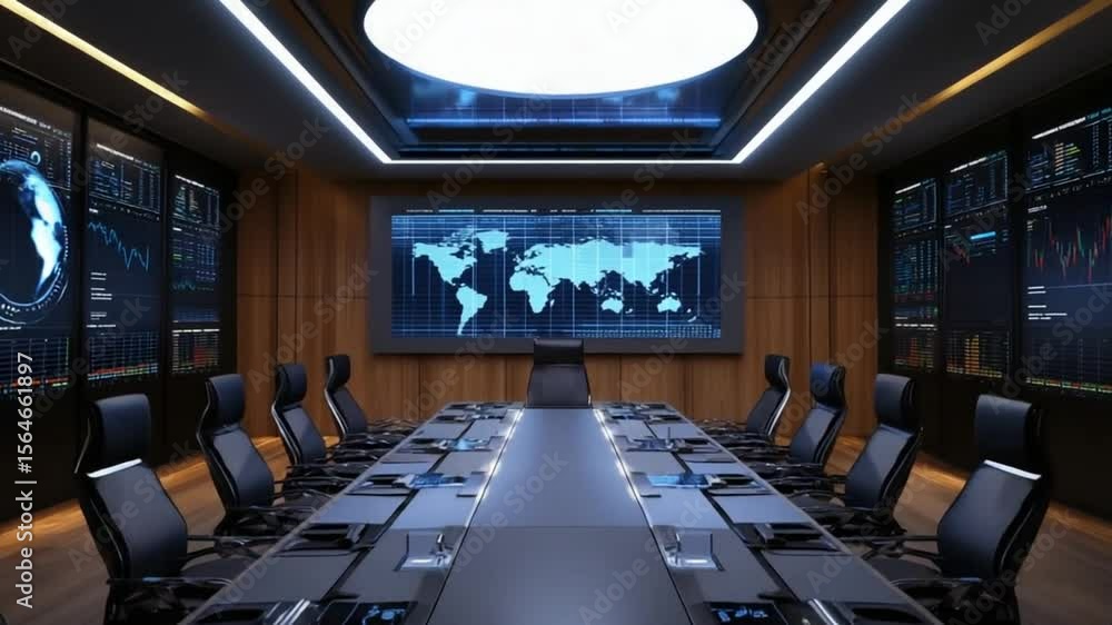 Poster futuristic high tech boardroom with world map display and modern design elements