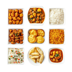 An Array of Delicious Indian Cuisine Featuring Varied Dishes, Rice, and Snacks in a Vibrant Setting on transparent background