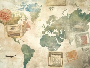 Fototapeta premium Eco-travel illustration with cultural textures, vintage map art, passport stamp collage, and earth-toned wanderlust. Silent journey concept poster for travel agency brochures, eco-app UI, 