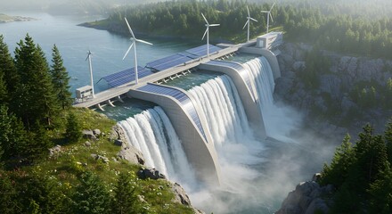 Clean energy production through hydroelectric power at a dam facility.