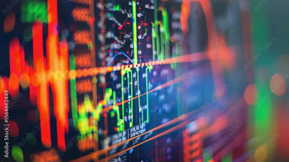 Poster financial data displayed on a screen with trading charts and numbers