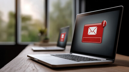 Spam email warning concept laptop computer digital alert red envelope icon modern office cybersecurity notification technology