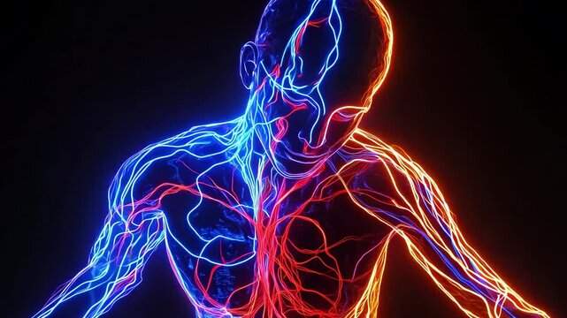 Human body anatomy illuminated by vibrant neon light patterns showcasing the vascular system and nervous pathways against dark background