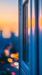 Open window view at sunset, city lights bokeh, blue frame, home decor, cityscape view