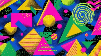 Vibrant 80s Retro Geometric Pattern Background Design with Bold Shapes and Neon Colors
