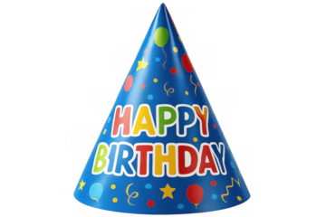 Vibrant birthday party hat featuring celebratory text, positioned on clean transparent backdrop
