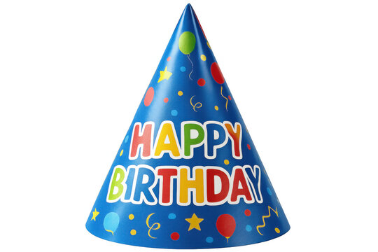 Vibrant birthday party hat featuring celebratory text, positioned on clean transparent backdrop