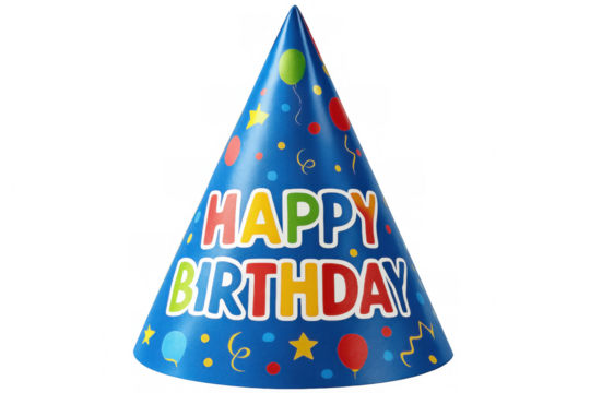Vibrant birthday party hat featuring celebratory text, positioned on clean transparent backdrop