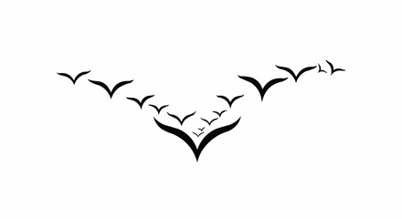 Bird Flock Flying in V Formation Silhouette on White Background, Migrating Birds Vector Illustration