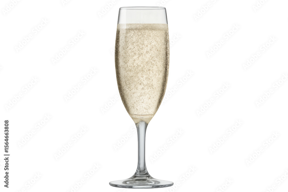 Poster studio shot of a champagne flute containing sparkling wine with bubbles, isolated on a transparent b