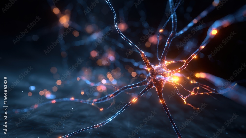 Poster microscopic view of a neuron cell firing glowing synapses intricate network of neural pathways brain