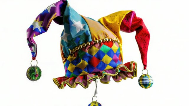 A bright and playful clown hat hanging from a string