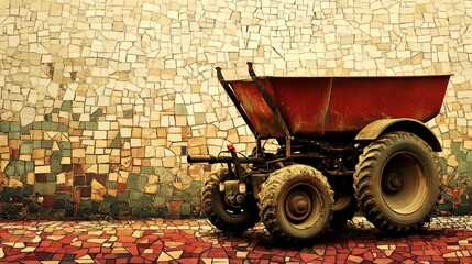 Vintage utility vehicle against a mosaic wall, timeless industrial scene