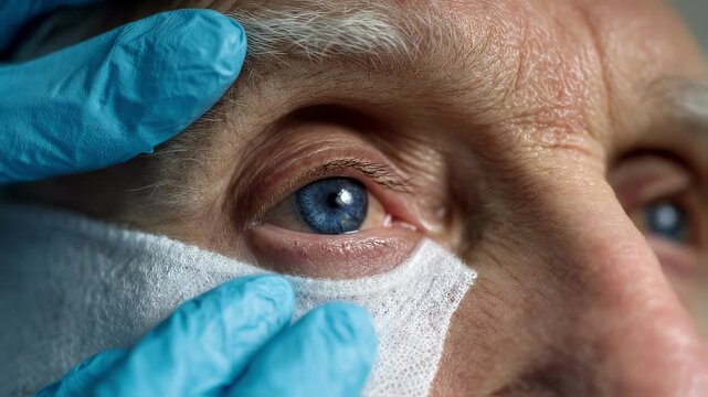An intimate perspective of the gentle interaction between the medical staff and the senior male patient highlighting the gloved fingers gently smoothing the edges of the eye patch emphasizing