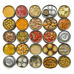 Assorted Canned Foods Displayed in a Grid: Colorful Vegetables, Fruits, and Preserves for Easy Meal Preparation and Snacking on transparent background