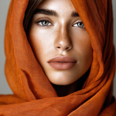 Woman orange scarf blue eyes freckles natural makeup closeup beauty fashion soft light serene expression