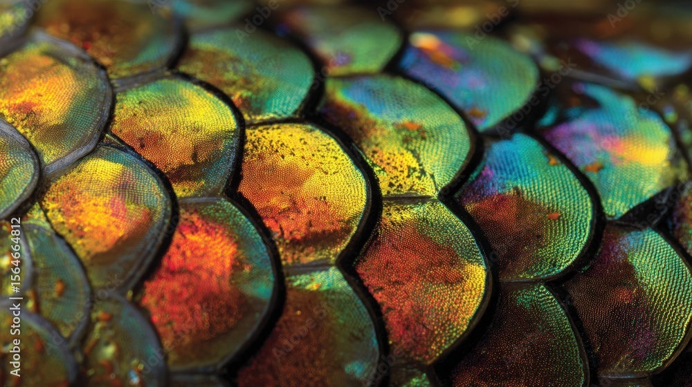 Poster vibrant iridescent fish scales close up macro shot showcasing nature's intricate texture and colorfu