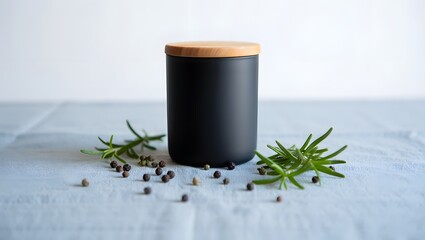 Black ceramic jar with wooden lid for kitchen storage and food preservation concept