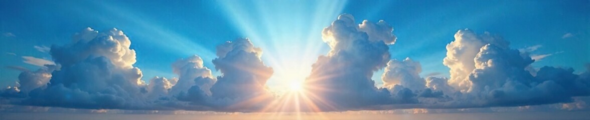 Breathtaking Celestial Scene Sun Rays Burst Through Dramatic Parting Clouds, Revealing Vibrant Blue Sky