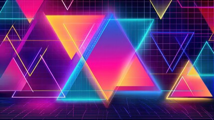 Vibrant Neon Triangles Background with Retro Grid Perfect for Tech Music or 80s Theme Designs