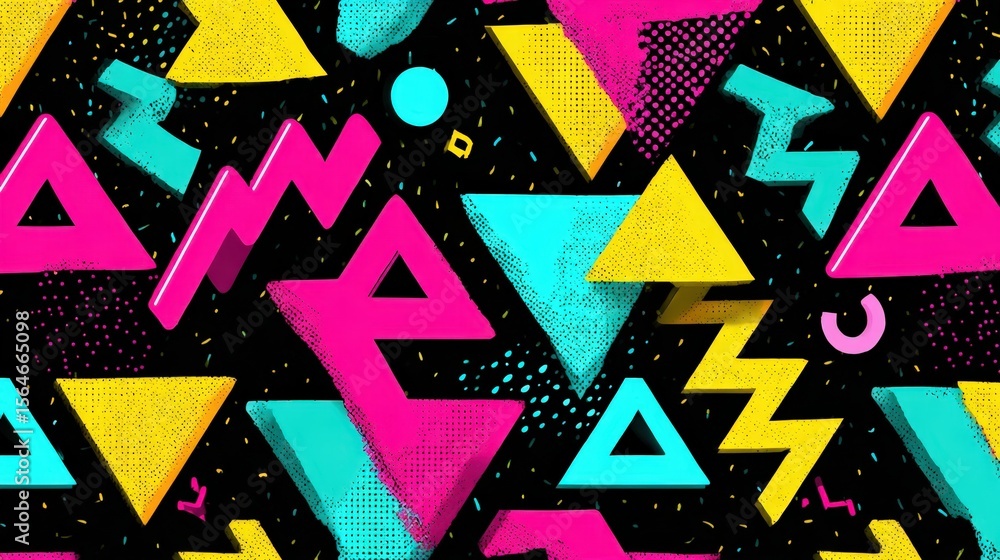 Poster vibrant 80s retro geometric pattern background design with triangles and zigzags