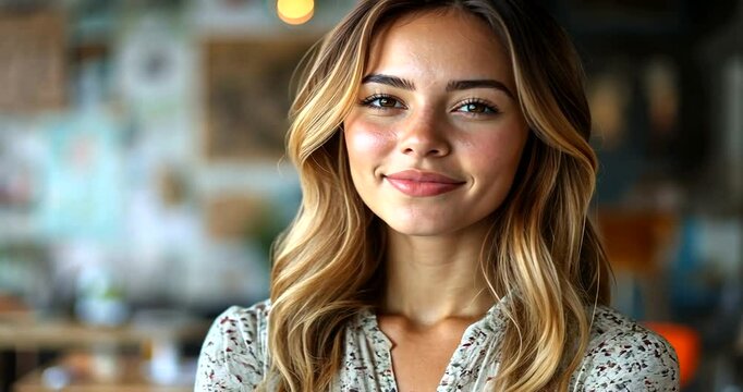 Smiling woman in a cozy caf? with artistic decor