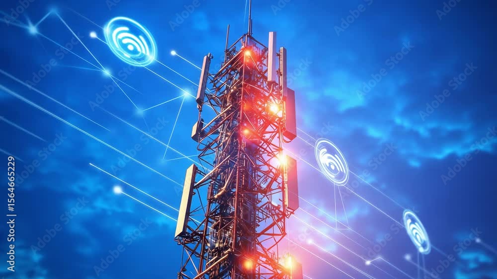Poster a telecommunication tower stands tall at dusk with lights on and signals radiating towards a dynamic
