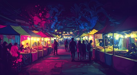 Obraz premium Night market bustling with people, illuminated stalls, and vibrant atmosphere.