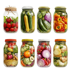 Colorful Variety of Fresh Vegetables in Jars for Healthy Living and Home Cooking on transparent background