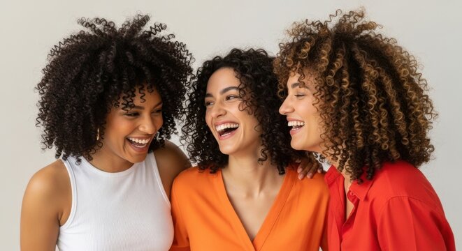 Three diverse women laughing and sharing joy together
