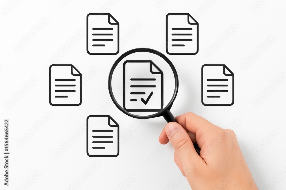 Poster document inspection: a hand holds a magnifying glass, meticulously examining a document. the image c