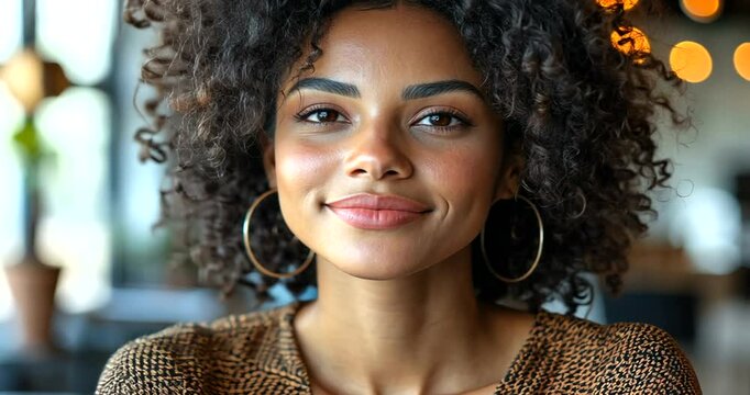 Smiling woman with curly hair in a cozy caf? setting