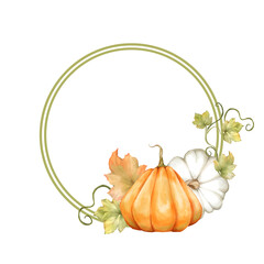 Frame with hand drawn orange and white pumpkins, butternut squash, and autumn leaves