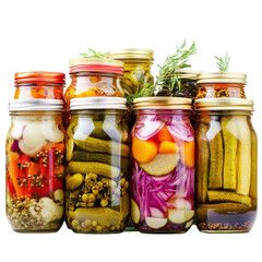 Colorful Assortment of Pickled Vegetables in Jars with Fresh Herbs on a White Background on transparent background