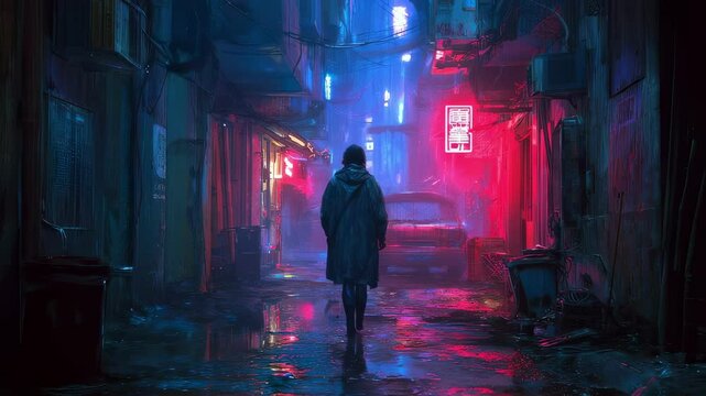 A lone figure walking down the alley with a cybernetic implant glowing beneath their rain slicker. cyberpunk art