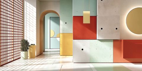 Colorful minimalist room with abstract shapes and sunlight