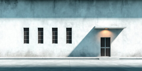 Minimalist white wall with grid windows and door light