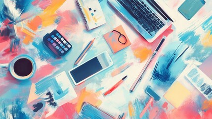 Creative workspace concept with digital tools and artistic brushstrokes