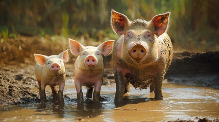 Delightful porcine trio enjoying a muddy wallow on a sunny afternoon