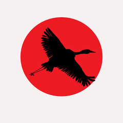 Japan minimalist illustration with flying crane and red sun, silouette of bird, flat vector, for posters, flyer