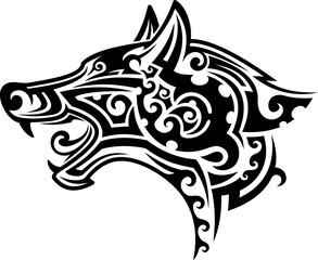 Maori tribal wolf or dog animal tattoo with Polynesian or Hawaiian ornament, vector art. Celtic or Maori tribal tattoo design of wolf or wild dog head with symmetric intricate lines ornament