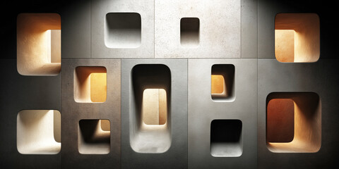 Modern concrete wall with soft glowing alcoves