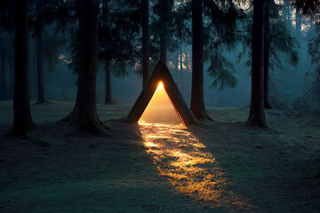 dark forest at dawn with light trail on the ground
