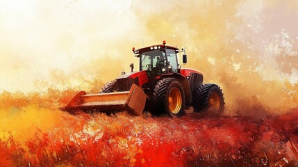Painterly depiction of a tractor working in agricultural field scenery